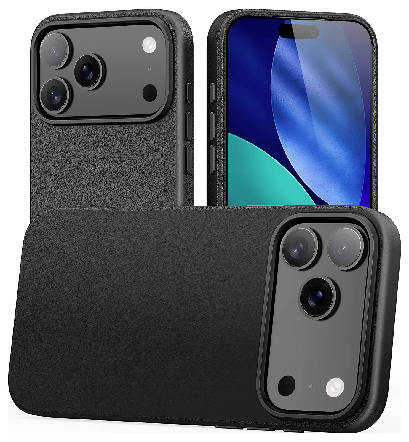 Drei Smartphones mit schwarzen Hüllen zeigen verschiedene Blickwinkel. Zwei Rückansichten zeigen Dual-Kameras; eine Frontansicht zeigt eine blaugrüne abstrakte Tapete.