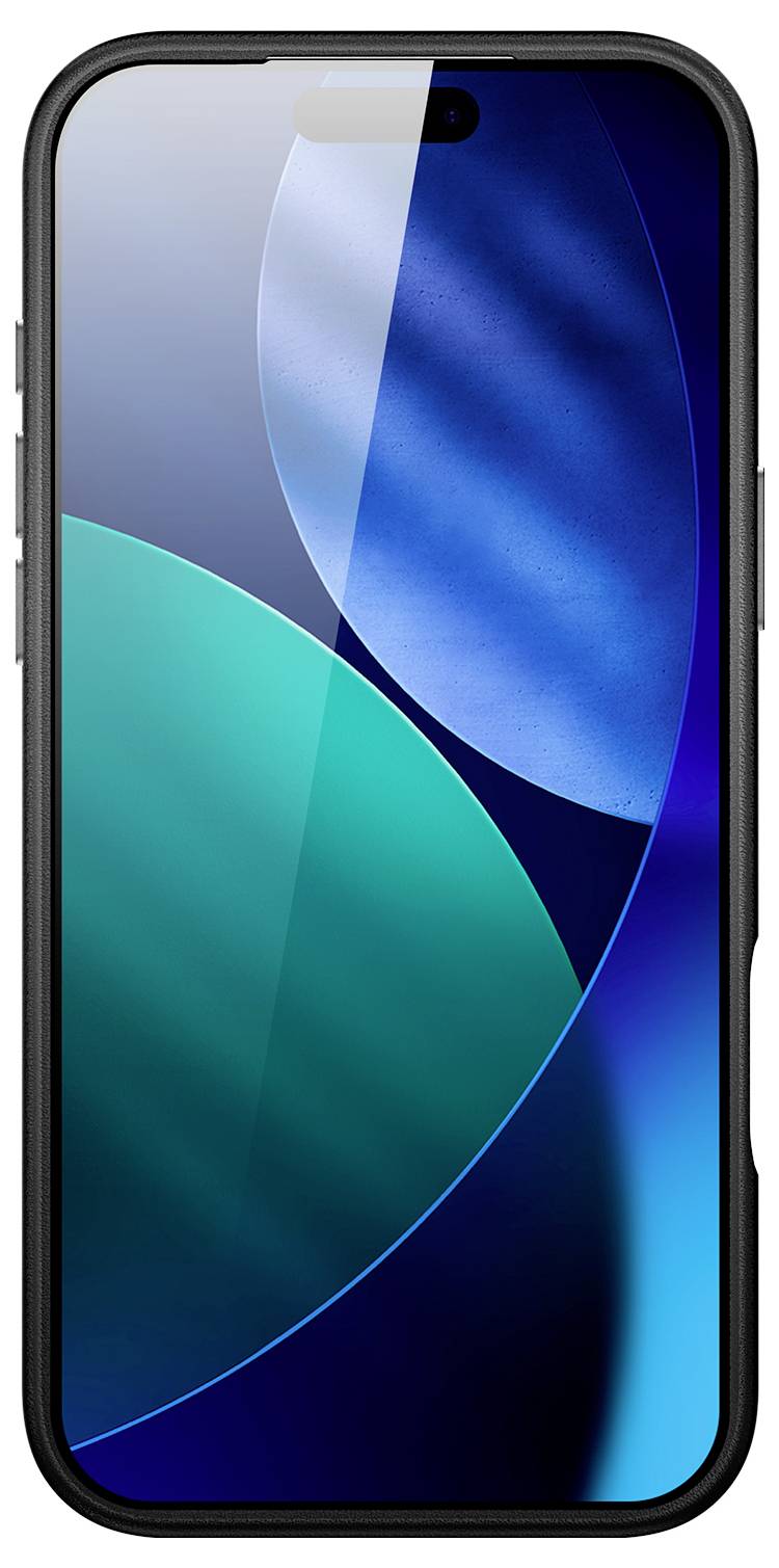 Ein Smartphone zeigt eine lebendige abstrakte Tapete in Blau- und Blaugrüntönen mit abgerundeten geometrischen Formen und einem schwarzen Rahmen an.