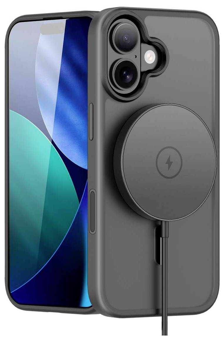 Schwarze Smartphone-Hülle mit einer an der Rückseite angebrachten MagSafe-Ladescheibe, dargestellt auf einem iPhone mit sichtbarem Kameraausschnitt.