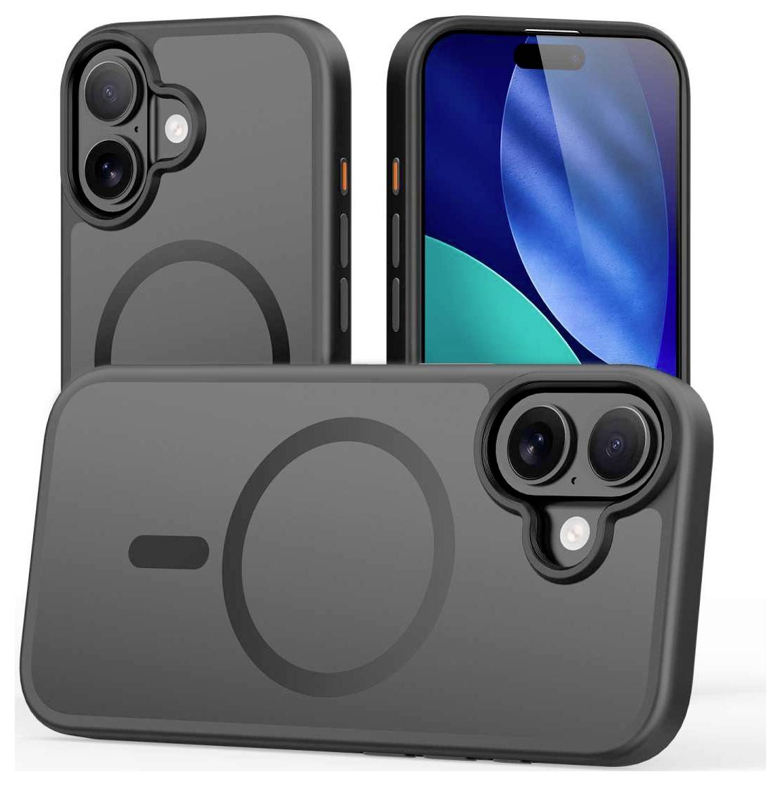 Drei schwarze Smartphone-Schutzhüllen von vorne und hinten gezeigt, mit einem kreisförmigen MagSafe-ähnlichen Ring und erhöhtem Dual-Kamera-Schutz.