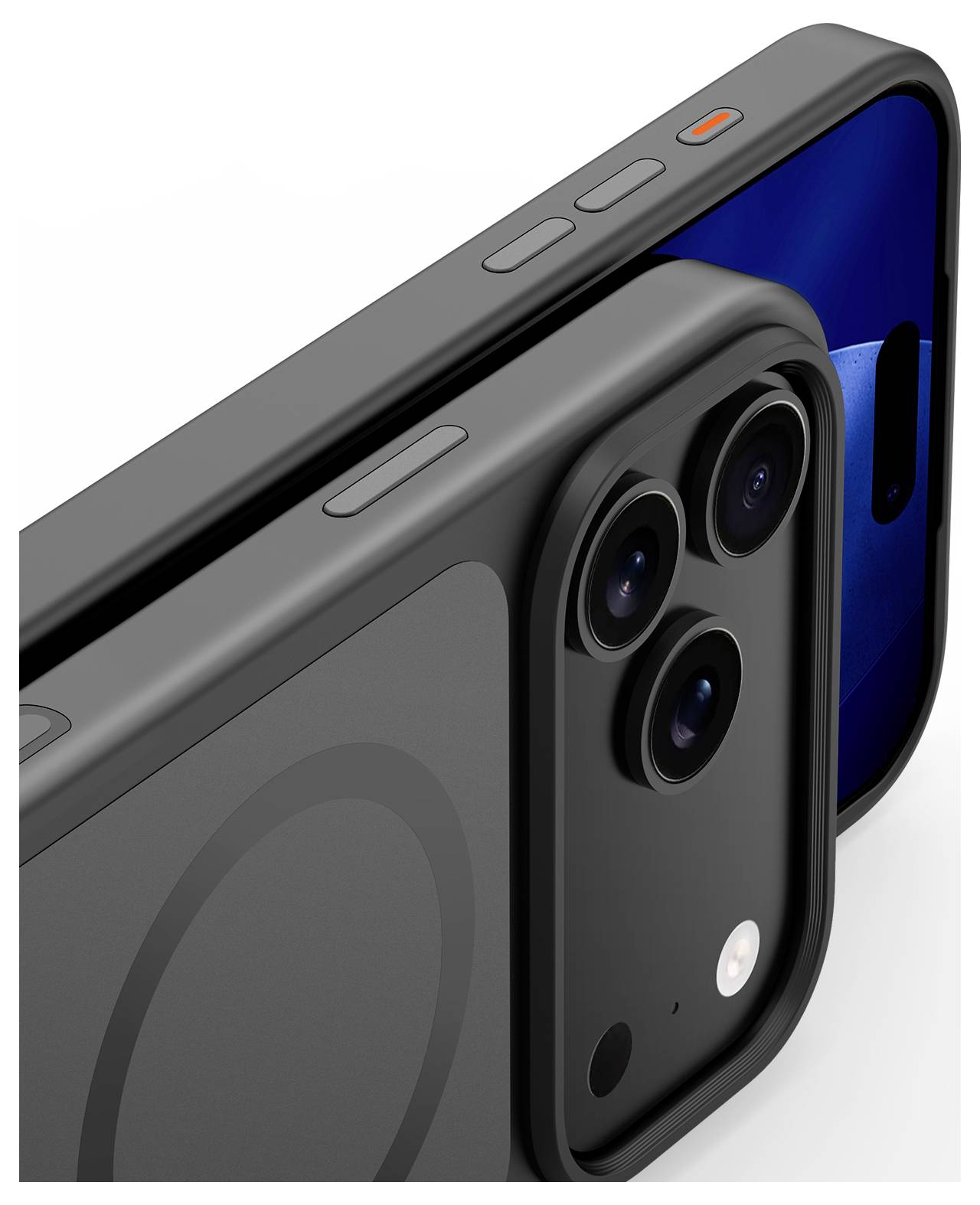Eine Nahaufnahme eines Smartphones mit schwarzem Gehäuse, das drei rückseitige Kameras zeigt, und eine Seitenansicht mit Tasten und einer blauen Bildschirmreflexion.