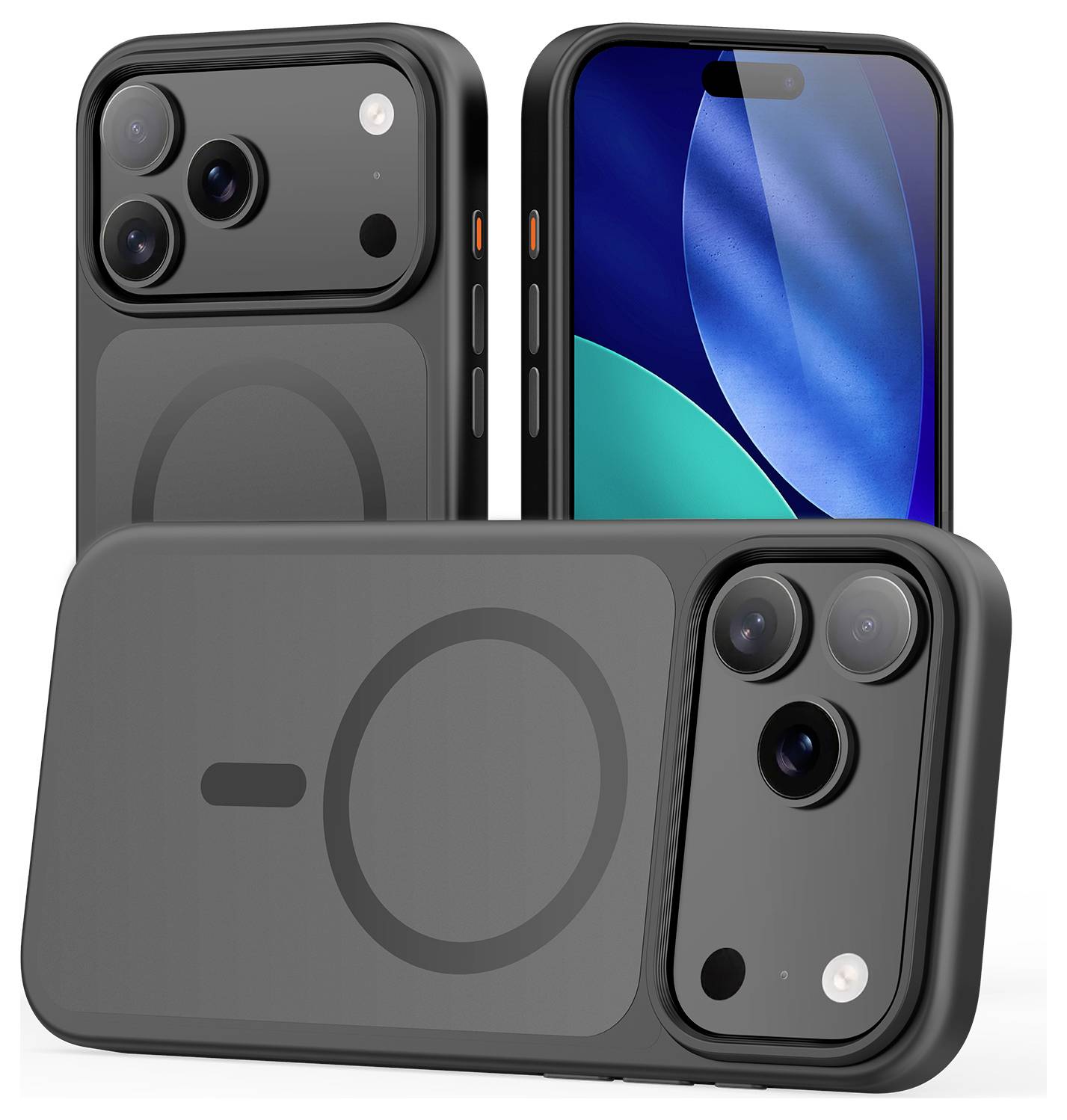 „Drei schwarze Smartphones mit Triple-Kamera-Setup von hinten und vorne gezeigt, wobei das Kameradesign und die Bildschirmanzeige hervorgehoben werden.