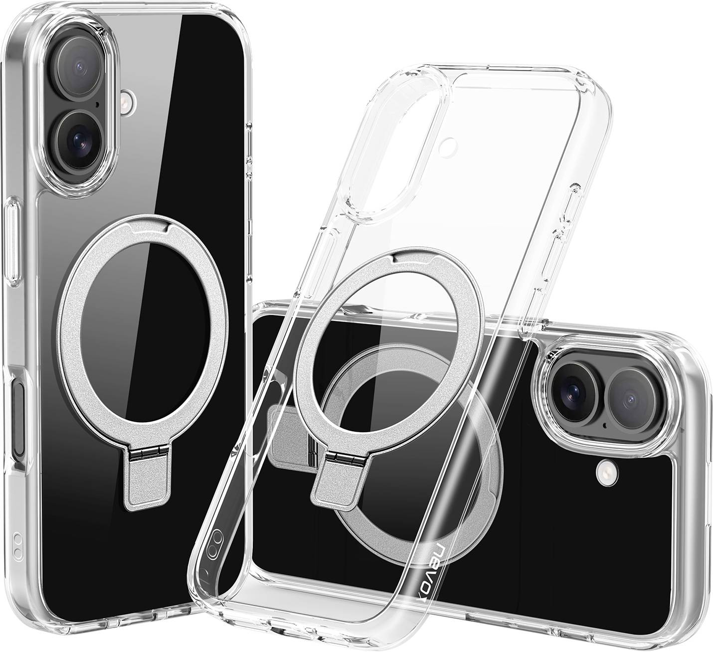 Drei transparente Handyhüllen für ein Smartphone, jede mit einem integrierten Metallring. Die Hüllen werden aus verschiedenen Winkeln gezeigt.