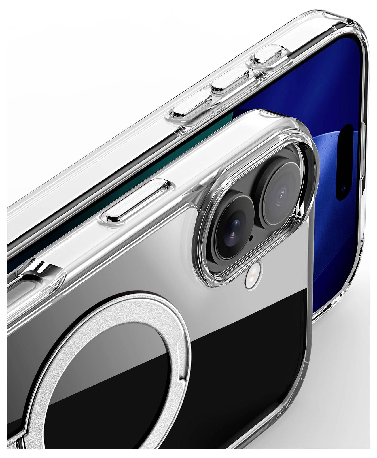 Nahaufnahme von zwei Smartphones in transparenten Schutzhüllen, die die Kameraobjektive und Seitentasten zeigt und das Schutzdesign hervorhebt.
