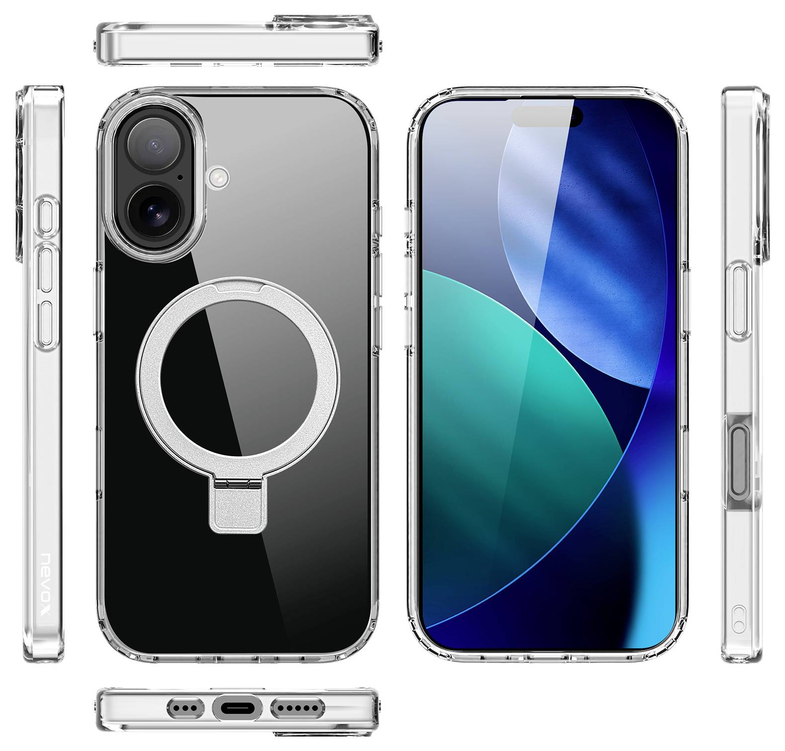Vorder- und Rückansicht eines Smartphones mit einer transparenten Hülle mit metallischem Ringhalter zum einfachen Greifen und Befestigen.