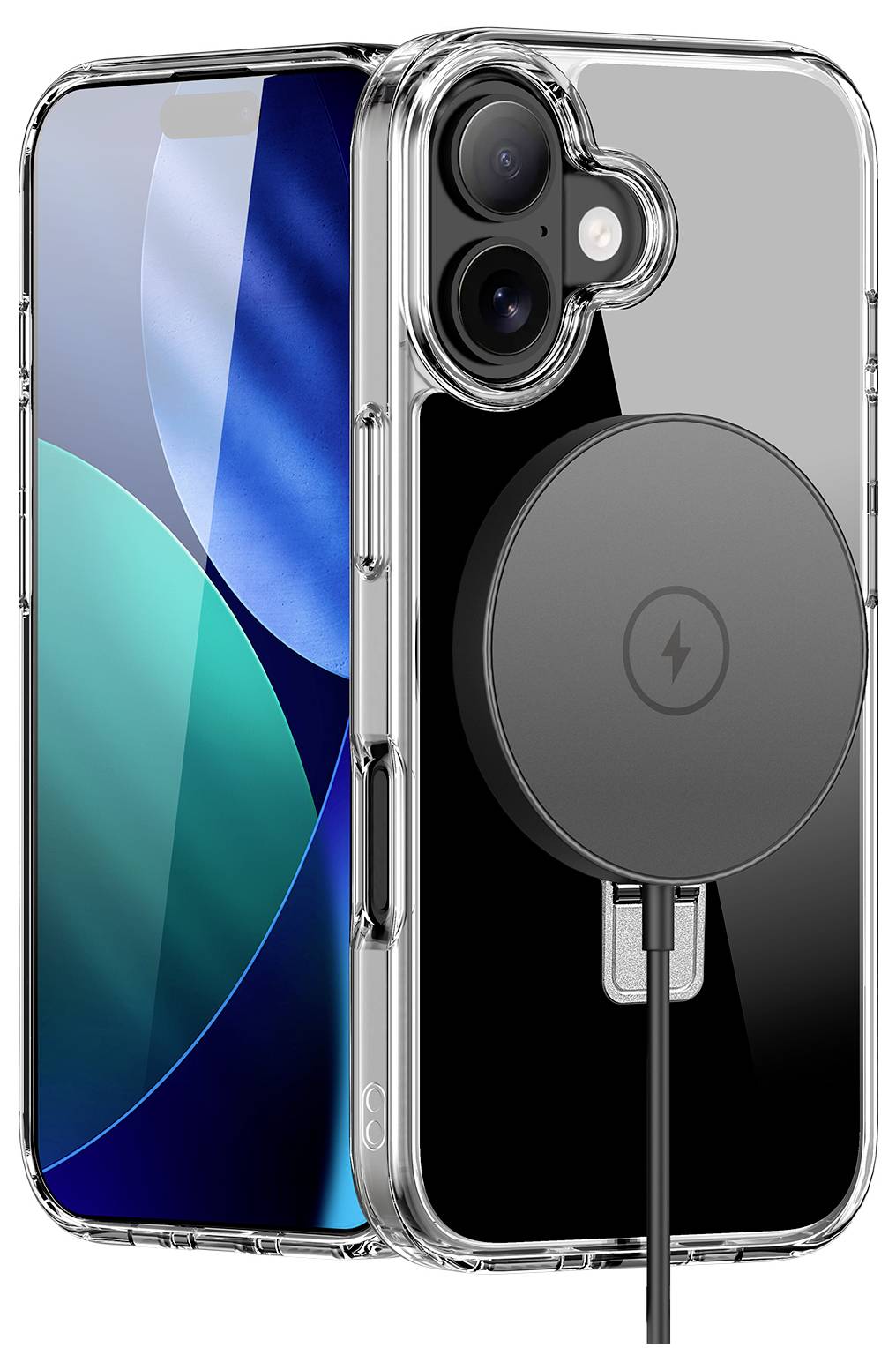Ein Smartphone mit einer durchsichtigen Hülle und angebrachtem kreisförmigen kabellosen Ladegerät, das die rückwärtige Kamera und den Bildschirm zeigt.