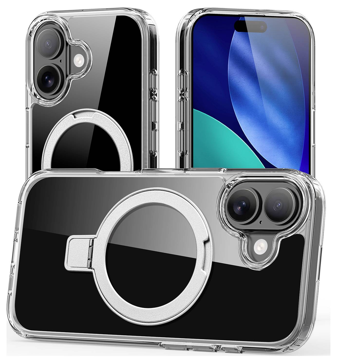 Transparente Handyhüllen mit kreisförmigen magnetischen Ringhaltern, entwickelt für Smartphones, aus verschiedenen Winkeln dargestellt, um die Funktionen zu zeigen.