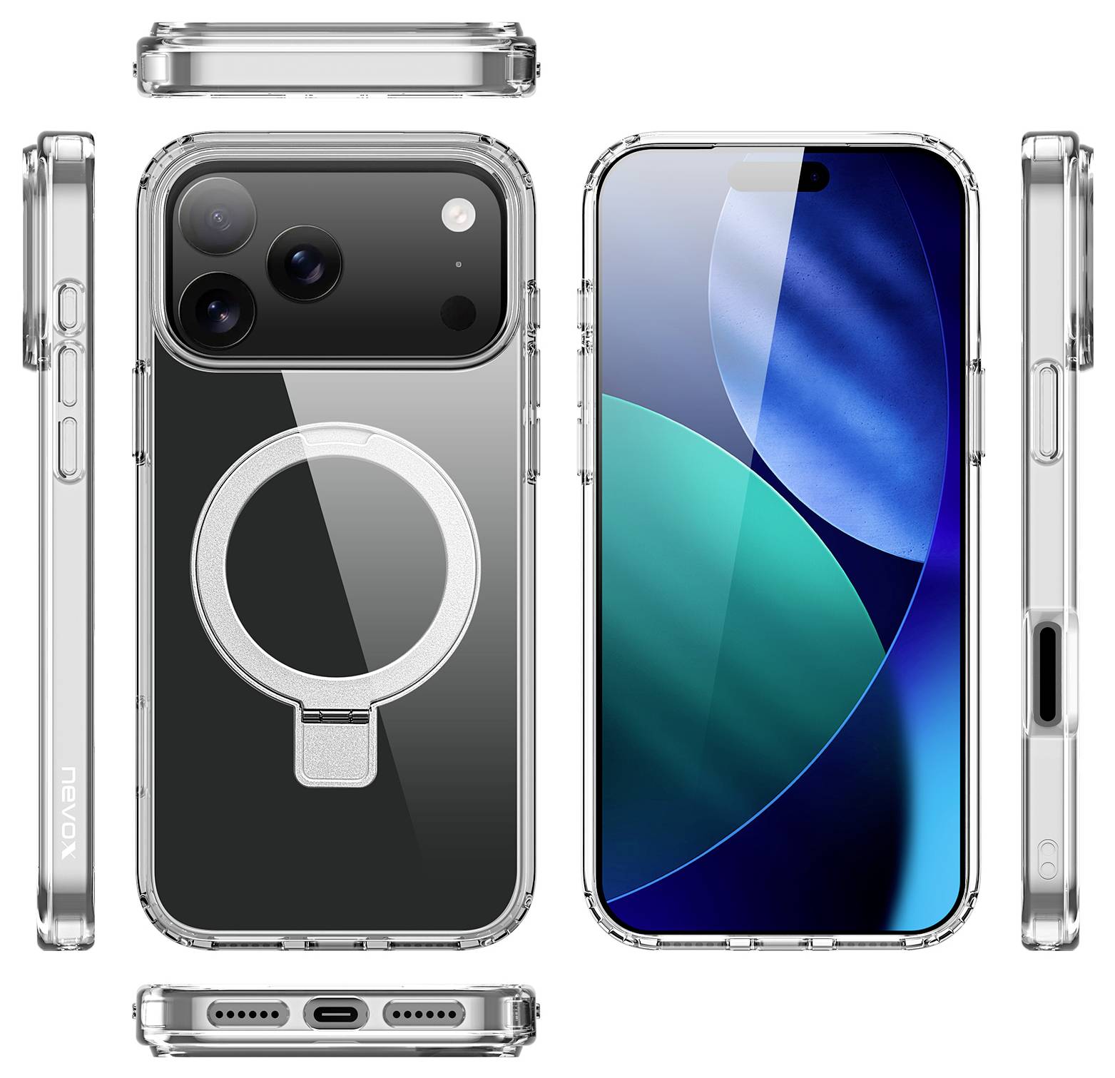 Ein Smartphone mit einem schwarzen, runden Halter auf der Rückseite für einfachen Griff und Unterstützung.