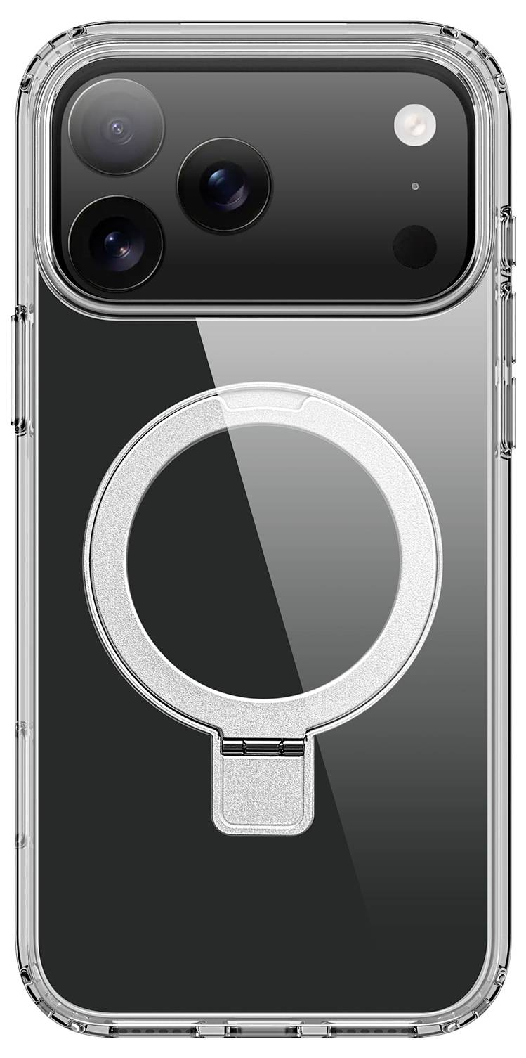 Ein Smartphone mit einer transparenten Hülle, die auf der Rückseite einen kreisförmigen Metallring aufweist, der auf eine magnetische oder Griffunktion hindeutet.