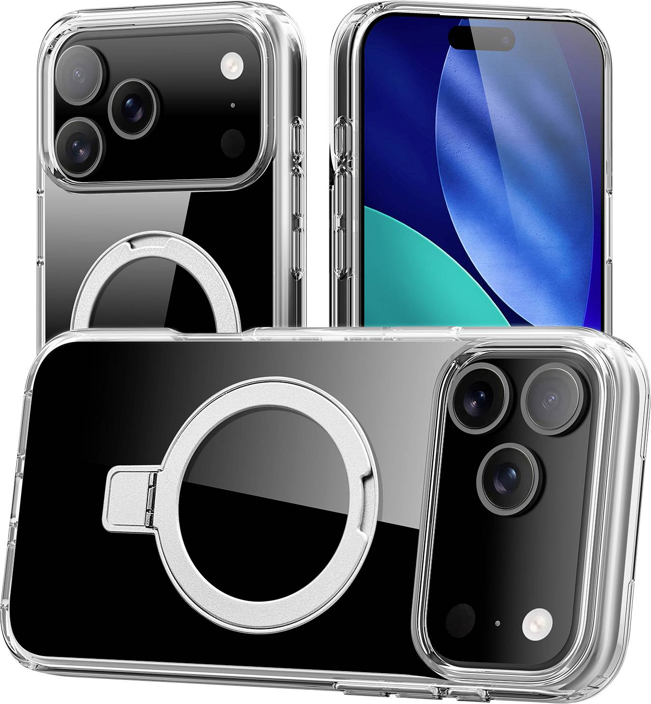 Drei transparente Handyhüllen mit Aussparungen für die rückseitige Kamera und einem Metallring-Ständer, entwickelt für Smartphones.