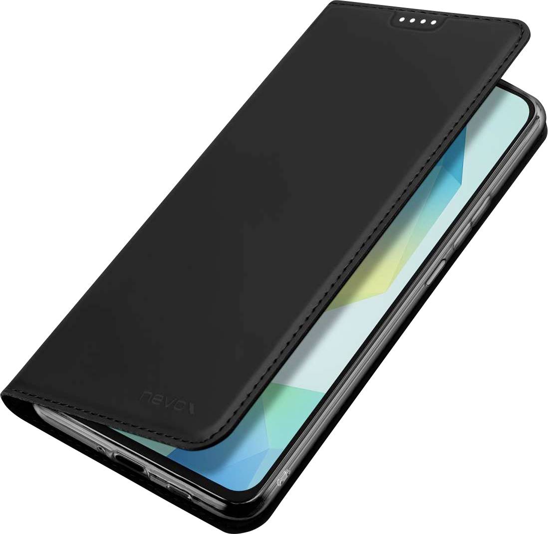 Schwarze Folio-Handyhülle mit einem Smartphone, das teilweise herausgleitet und die Displayöffnung und Kameraausschnitte zeigt.
