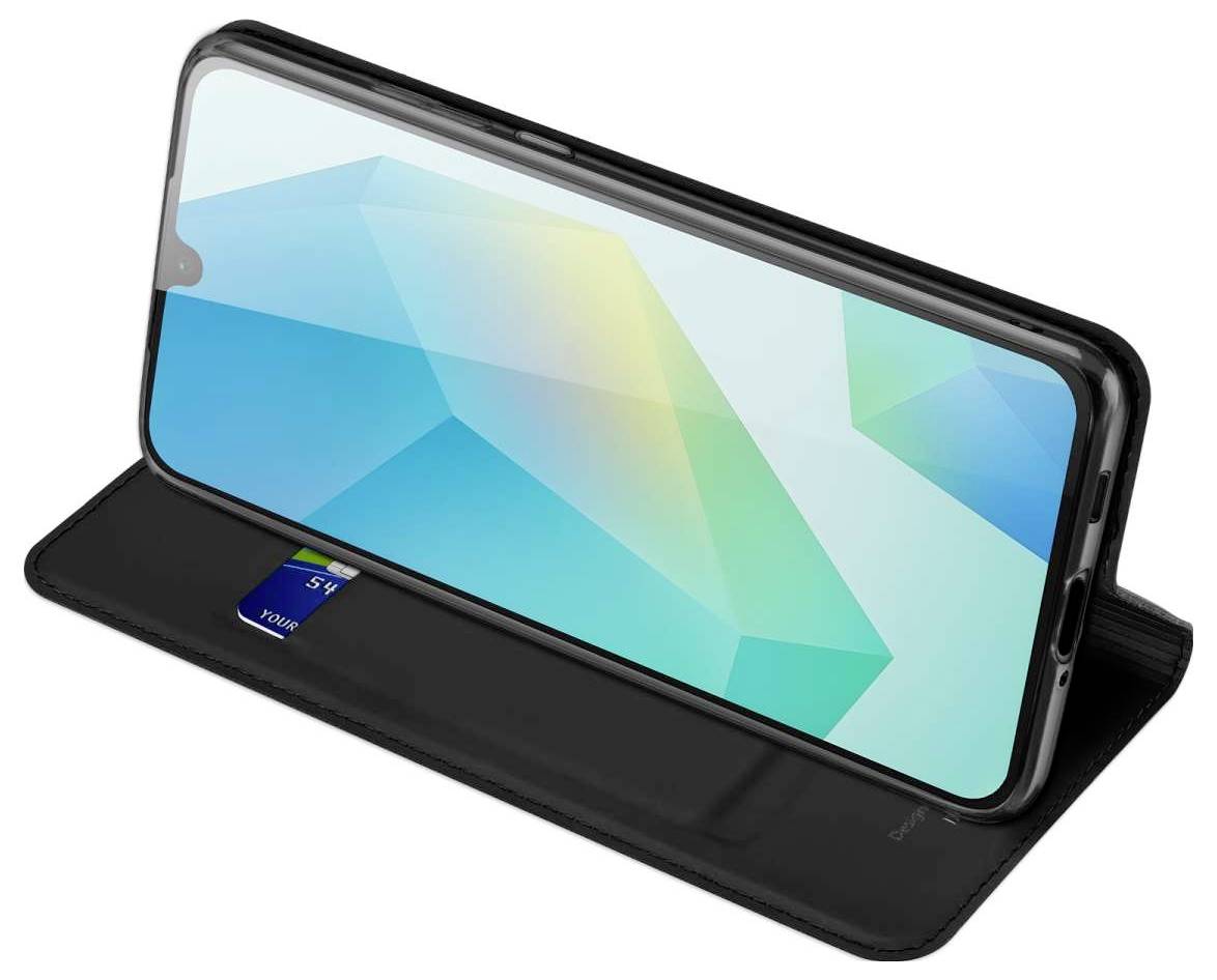 Smartphone in einem schwarzen Folio-Ständer-Etui, aufgeklappt im Winkel gezeigt mit dem Bildschirm nach vorne und einem sichtbaren Kartensteckplatz im Inneren der Abdeckung.