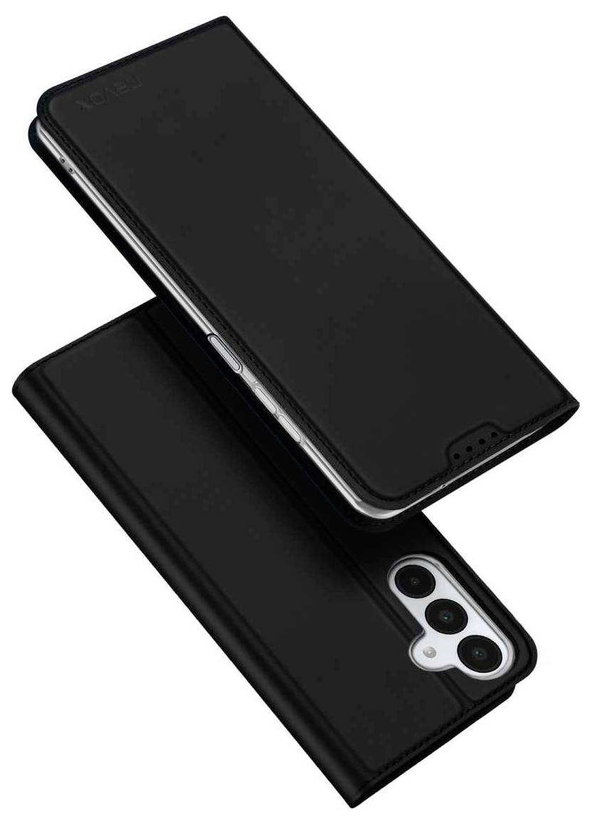 Schwarzes Smartphone von vorne und von hinten in passenden schwarzen Schutzhüllen dargestellt, mit sichtbarem dreifachem Kameraschnitt auf der Rückseite.