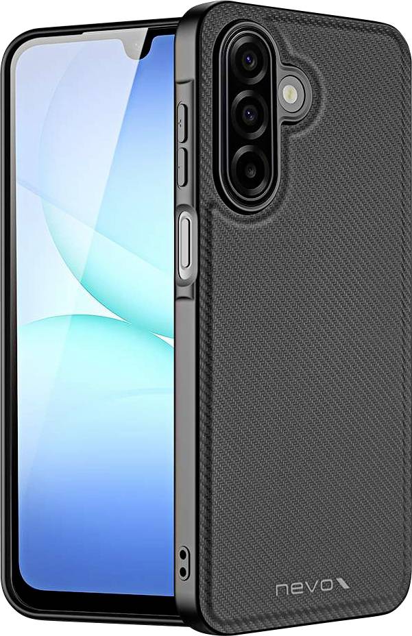 Smartphone mit Vorder- und Rückseite gezeigt, mit einem schwarzen strukturierten Schutzgehäuse und erhöhtem dreifachem Kamera-Ausschnitt auf der Rückseite.