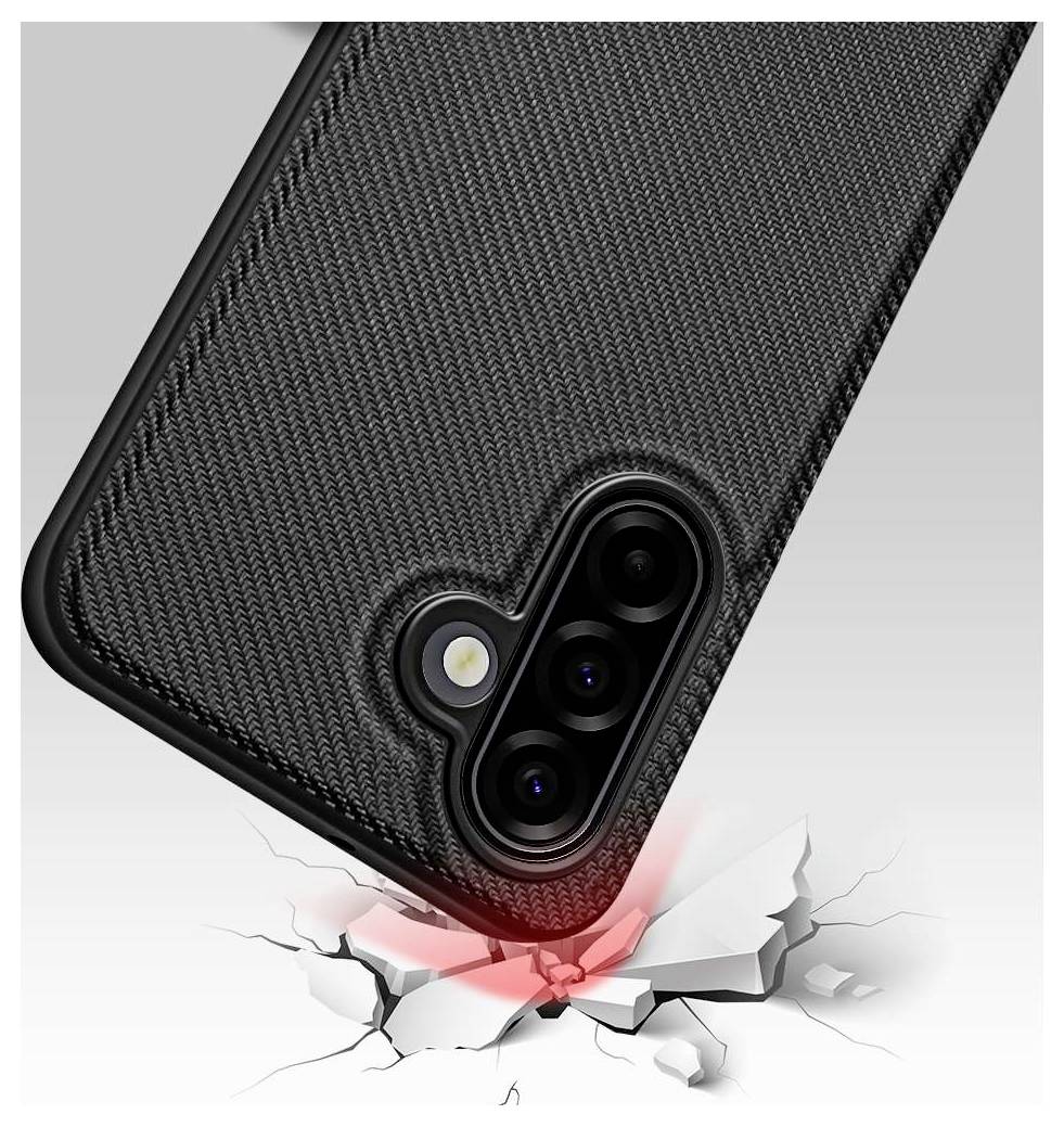 Nahaufnahme einer strukturierten schwarzen Handyhülle, die die Kamerecke eines Smartphones schützt, während das Telefon eine Oberfläche zu durchbrechen scheint und den Aufprallschutz zeigt.