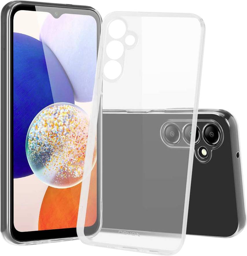 Transparente Smartphone-Hülle, die auf einem Telefon und vor der Rückseite des Telefons gezeigt wird, wobei das durchsichtige Design und die Kameraausschnitte hervorgehoben werden.