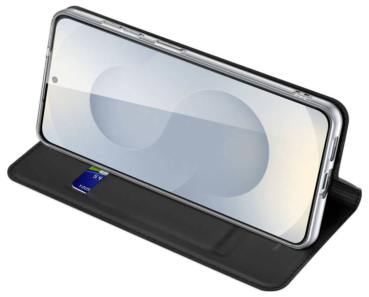 Smartphone in einem schwarzen Folio-Ständer-Case, Bildschirm nach außen in einem Winkel ausgerichtet.