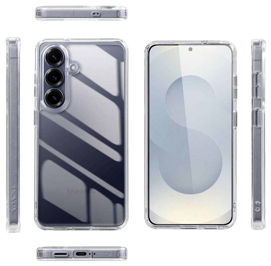 Transparente Schutzhülle für Telefon, die in mehreren Ansichten um ein Samsung-Smartphone gezeigt wird und die Kameraaussparung, Tastaturabdeckungen und das schlanke transparente Design hervorhebt.