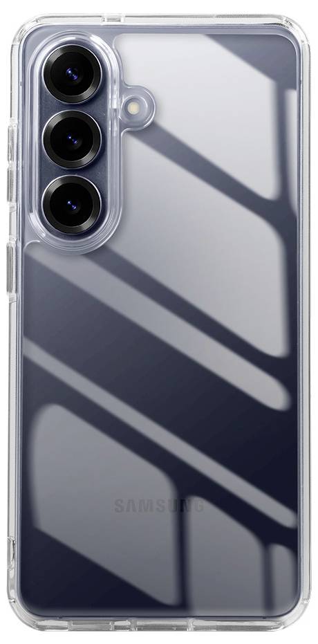 Transparentes Handyhülle, die die Rückseite eines Samsung-Smartphones mit drei rückseitigen Kameras und einer dunkel glänzenden Oberfläche zeigt.