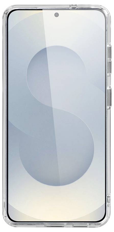 Transparente Smartphone-Hülle mit durchsichtigem Rücken und erhöhten Bumper-Kanten, gezeigt in der Vorderansicht des Telefons.