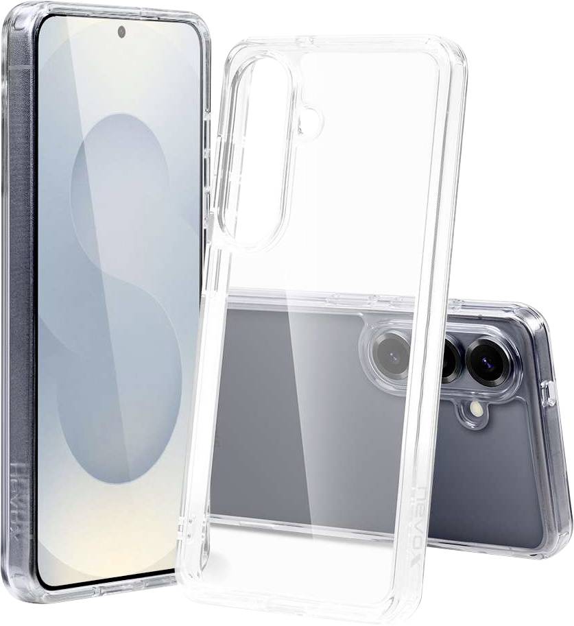 Drei transparente Smartphone-Hüllen um ein Telefon herum angeordnet, die vordere, hintere und seitliche Abdeckung zeigen.