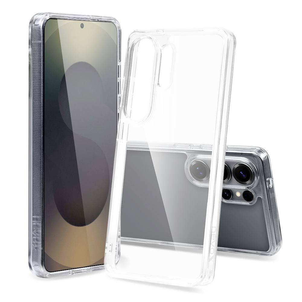 Drei durchsichtige Handyhüllen, die mit einem Smartphone angezeigt werden und schlanke transparente Schutzfolien für die Rück- und Seitenseiten zeigen.