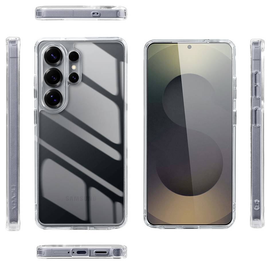 Transparente Handyhülle auf einem Samsung-Smartphone von vorne, hinten, oben, unten und seitlich dargestellt.