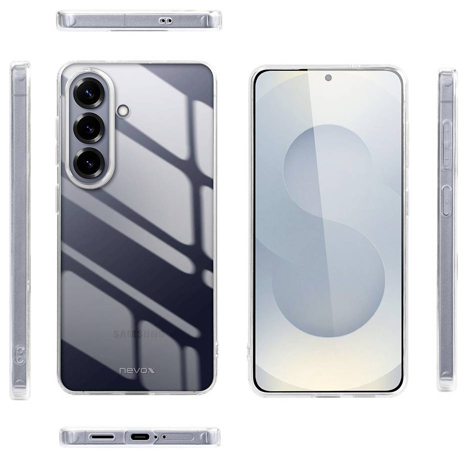 Samsung-Smartphone in Vorder-, Rück-, Ober-, Unteransicht und Seitenansicht mit transparenter Schutzhülle; die Rückseite verfügt über drei Kameras.