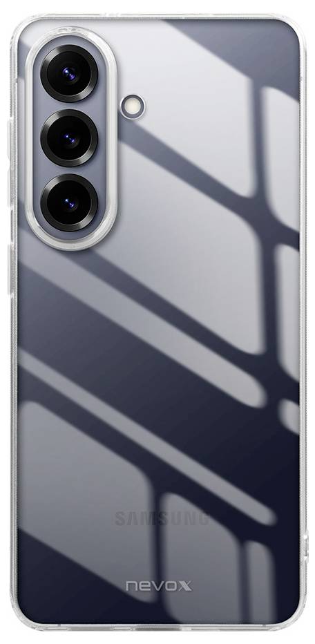 Smartphonehülle auf einem Samsung-Telefon mit transparenter Rückseite mit drei hinteren Kameraausschnitten und dunklen diagonalen Schattenmustern.