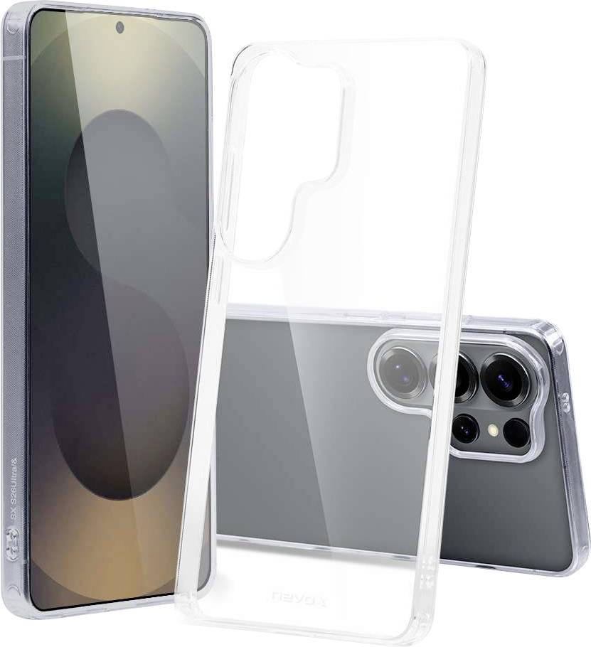 Transparente Schutzhüllen für Smartphones werden mit einer auf einem Smartphone angebrachten Hülle präsentiert, die Vorder- und Rückseiten sowie Kameraausschnitte zeigt.