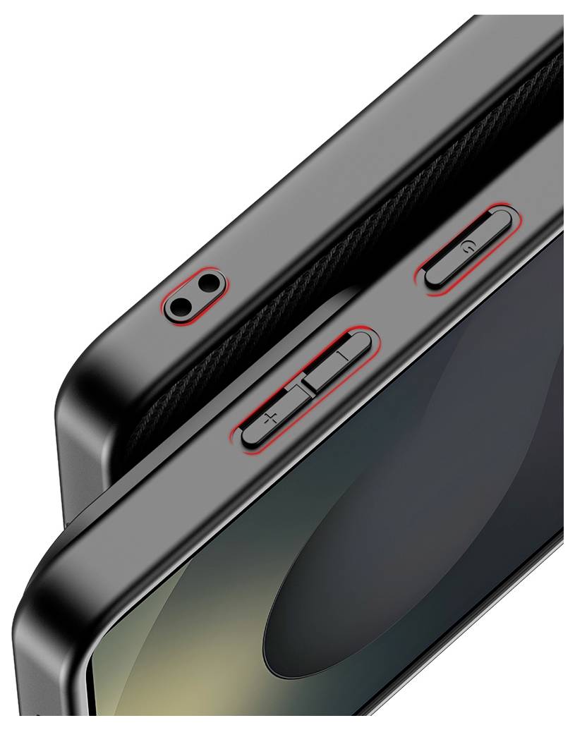 Nahaufnahme von zwei Smartphone-Hüllen mit rot umrandeten Ausschnitten für die Dual-Kamera, Seitentasten und einen Ein-/Ausschalter.