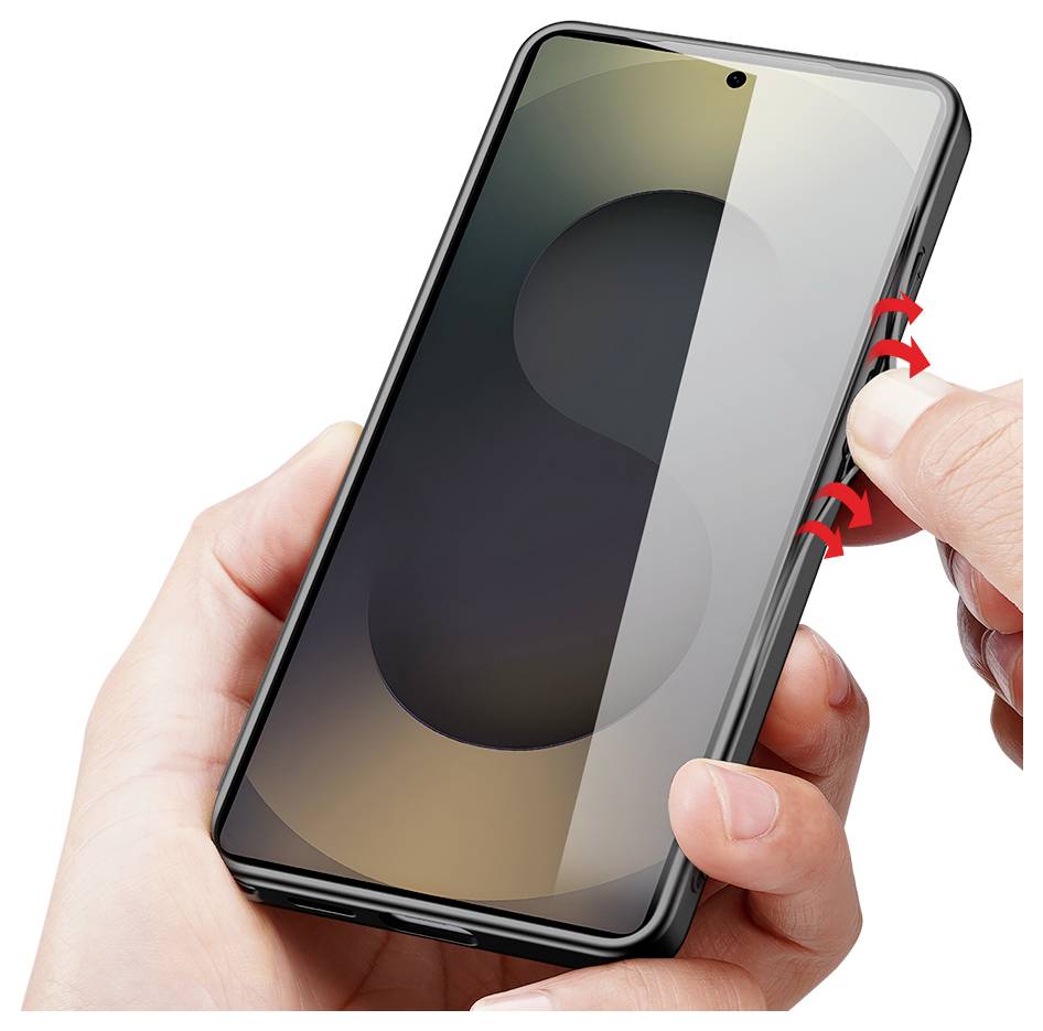 Hände halten ein Smartphone, wobei ein Daumen die seitlichen Tasten drückt, um die Lautstärke oder Stromversorgung anzupassen.