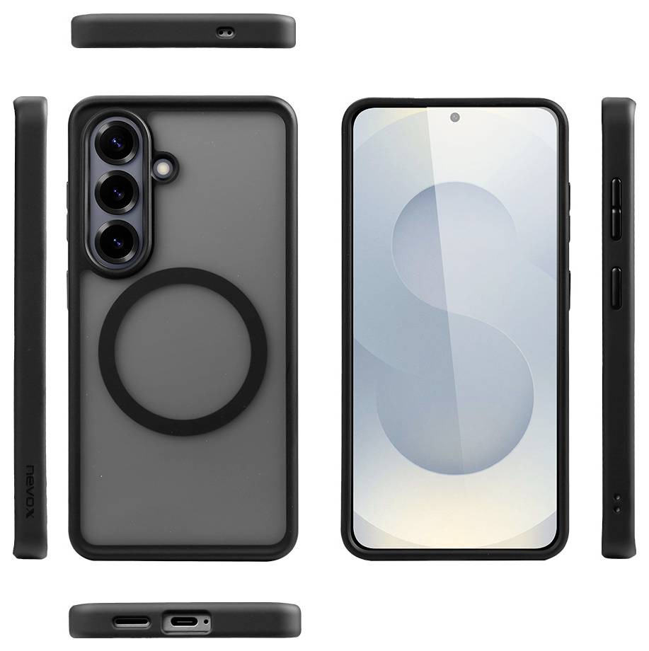 Schwarze Smartphone-Hülle aus mehreren Blickwinkeln gezeigt, mit großem kreisförmigem MagSafe-ähnlichem Ring und erhöhtem Kameraausschnitt, zusammen mit der Vorderansicht des Telefons.