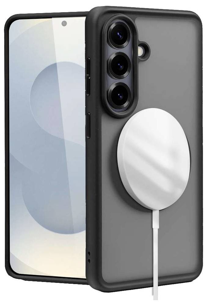 Smartphone in einem schwarzen Schutzcase mit einem weißen magnetischen kabellosen Ladegerät auf der Rückseite befestigt.