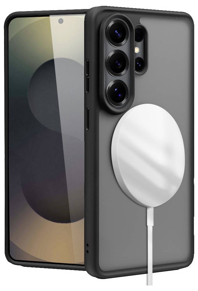 Grauer Smartphone-Case mit einem großen kreisförmigen MagSafe-Ring und dreifachen Kameraausschnitten oben links.