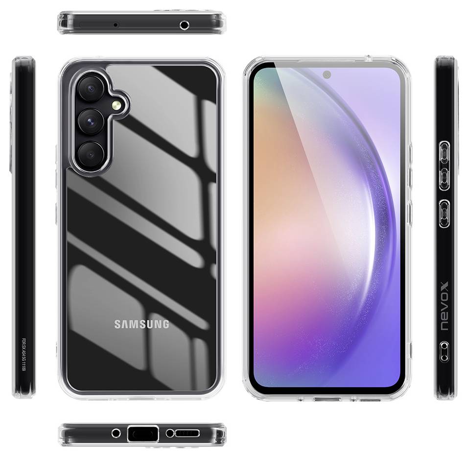 Samsung-Smartphone in mehreren Ansichten: Vorderseite mit Bildschirm, Rückseite mit Dreifachkamera und oberes, unteres und seitliches Profil in einer transparenten Schutzhülle.