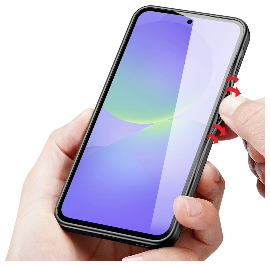 Hände halten ein Smartphone mit schwarzem Gehäuse, wobei eine Seitentaste mit roten Pfeilen gedrückt wird, die die Aktion anzeigen.