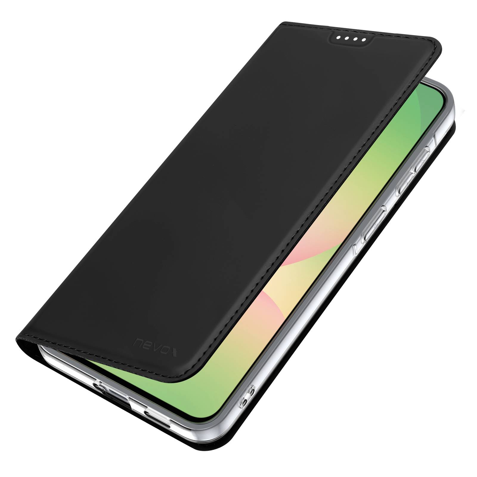 Schwarze Klapphülle für ein Smartphone, die die Bildschirmkante und die Seitentasten auf weißem Hintergrund zeigt.