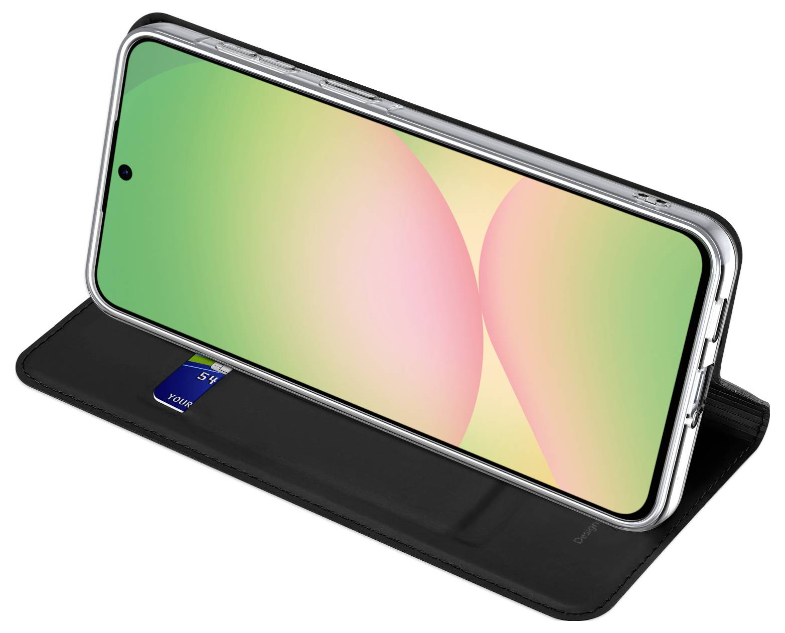 Smartphone in einem schwarzen Folio-Brieftaschenetui mit sichtbarem Kartenfach, offen und angewinkelt auf weißem Hintergrund dargestellt.