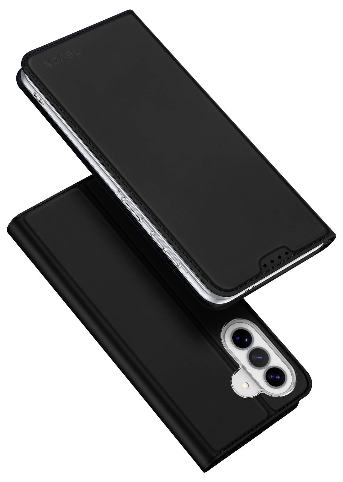 Zwei schwarze Smartphone-Hüllen, von vorne und hinten gezeigt, wobei eine Hülle eine Ausschnitt für eine Dreifach-Kameralinse aufweist.