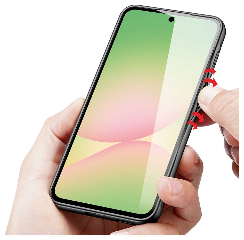Hände halten ein Smartphone, während eine Seitentaste gedrückt wird, dargestellt mit roten Pfeilen, die die Tastenaktion anzeigen.