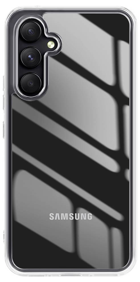 Transparente Samsung-Handyhülle mit schwarzem geometrischem Einsatz, mit Ausschnitt für die Rückfahrtkamera und Samsung-Logo.