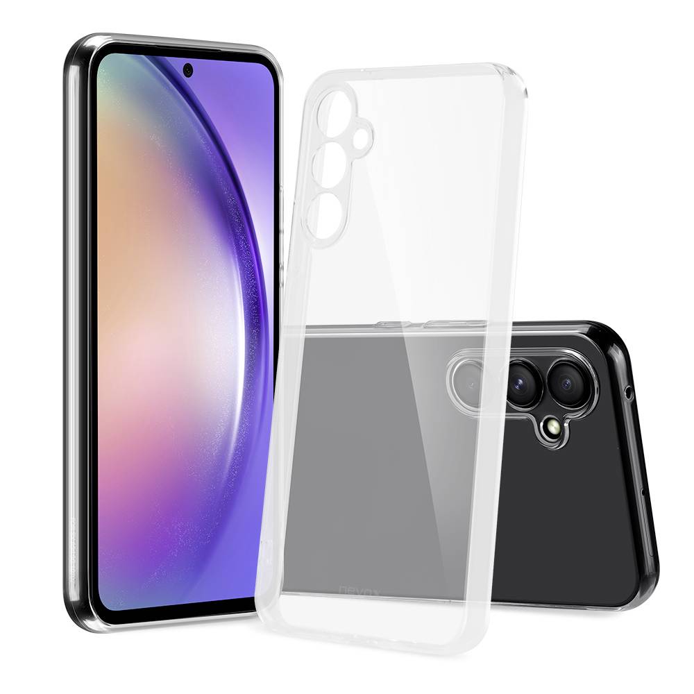 Drei Ansichten einer Smartphone-Hülle: transparente Schutzhülle von vorne, hinten und im Winkel auf einem Telefon gezeigt, mit Kameraausschnitten und schlankem Design.