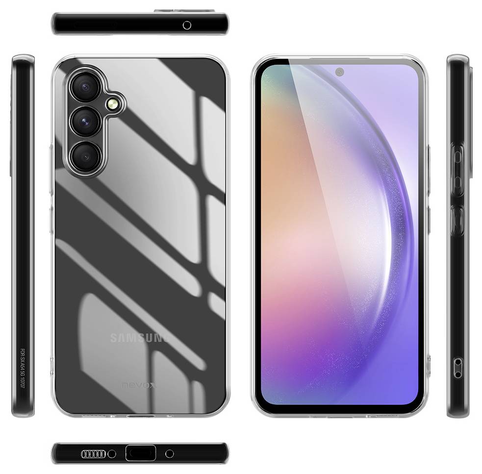 Zwei Smartphones in transparenten Schutzhüllen, die ihre rückwärtigen Kameras zeigen und eine farbenfrohe Bildschirmkante eines Telefons.