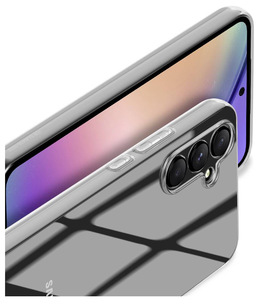 Zwei silberne Smartphones in verschiedenen Winkeln dargestellt, eines von vorne mit farbigem Gradientenbildschirm und eines von hinten mit dreifachem Kameraobjektiv.