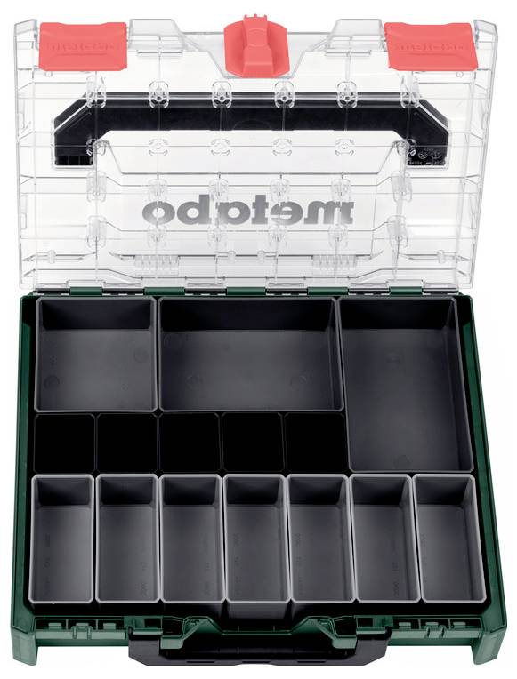 Eine klare Kunststoffwerkzeugbox mit schwarzem Griff und 