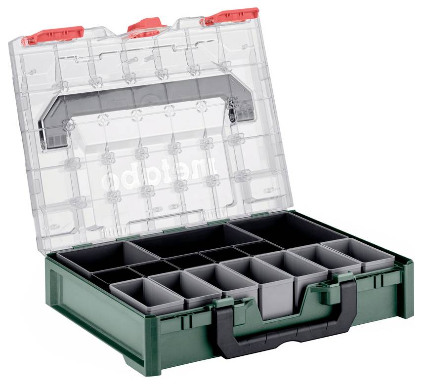 Kunststoff-Organizer-Box mit transparentem Deckel und abnehmbaren Fächern, ideal zum Lagern von kleinen Gegenständen oder Werkzeugen.