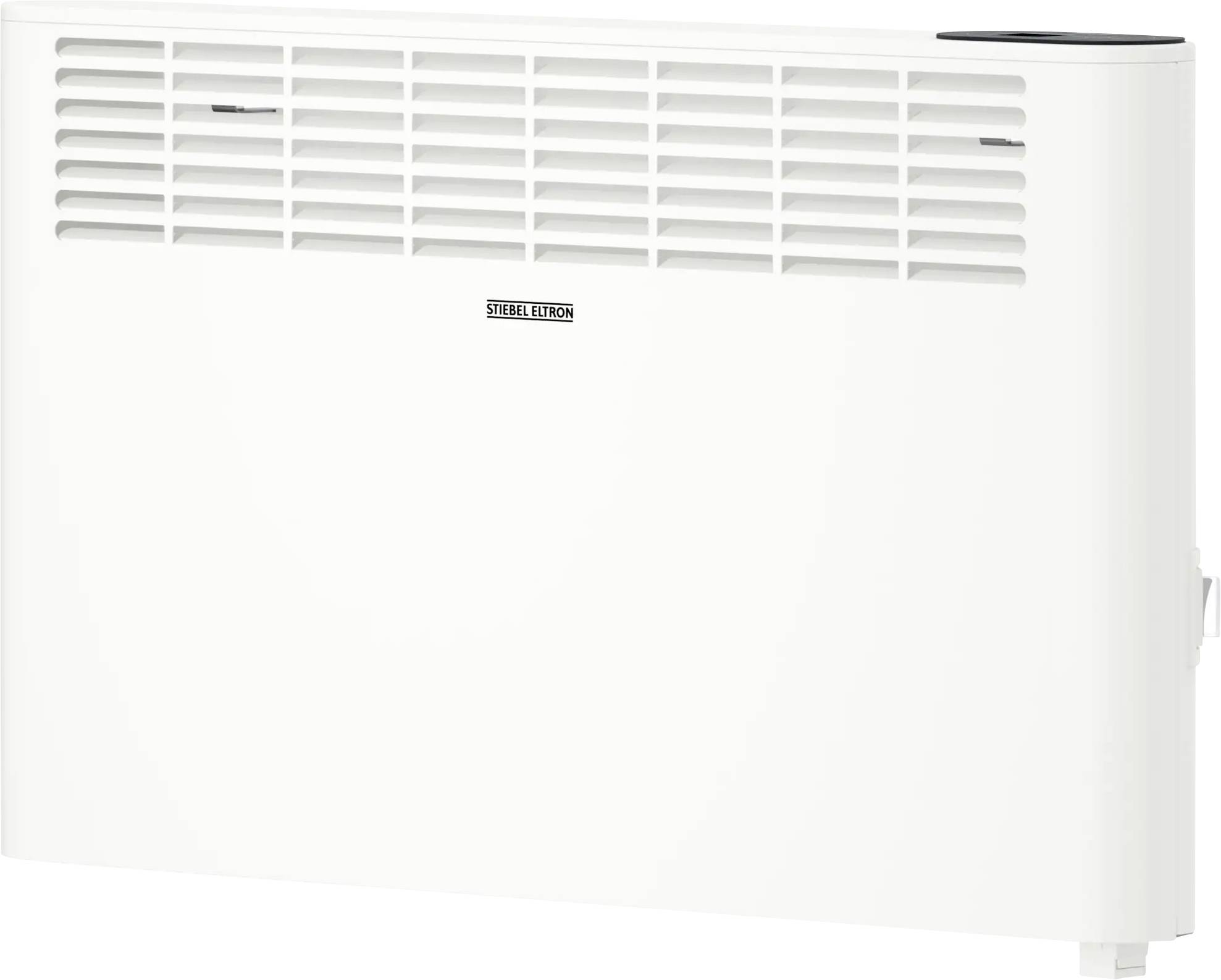 Ein weiß montierter Konvektionsheizkörper an der Wand mit horizontalen Luftschlitzen in der oberen Hälfte, einem schwarzen runden Regler oben und einem Etikett in der Mitte.