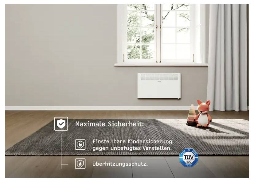 Ein Zimmer mit einem Fenster und einem Wandheizer. Der Text hebt Sicherheitsmerkmale hervor: „Verstellbare Kindersicherung