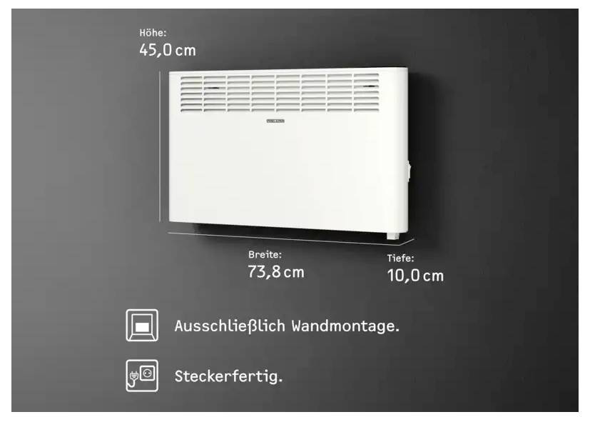 Diagramm eines wandmontierten Heizers mit Abmessungen: Höhe 45,0 cm, Breite 73,8 cm, Tiefe 10,0 cm. Symbole zeigen Wandinstallation und einsatzbereit Funktionen.